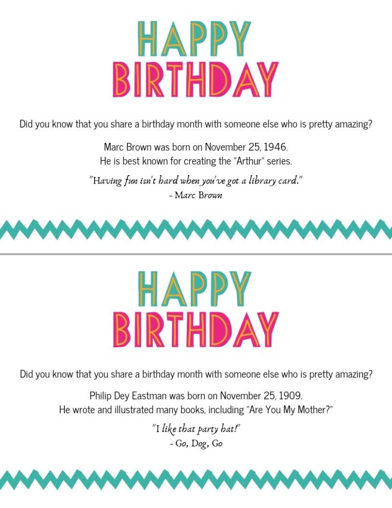 Children's Author monthly birthday cards