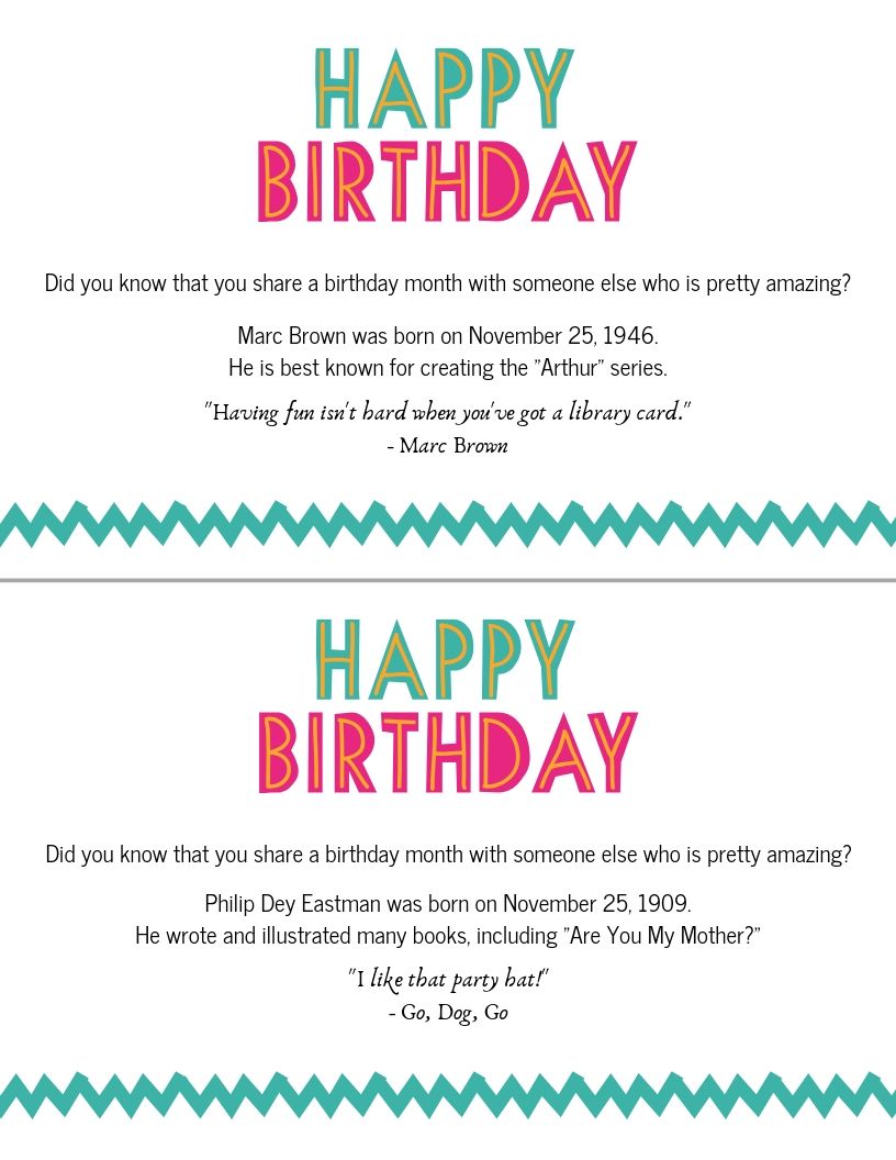 Children's Author monthly birthday cards