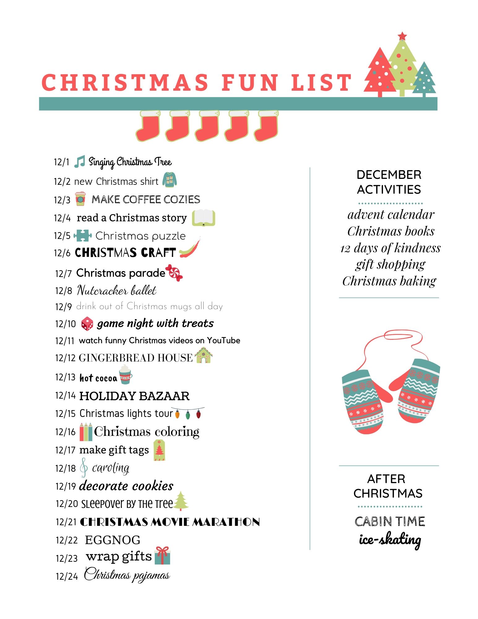 Christmas fun list.  Holiday activities for the month of December.