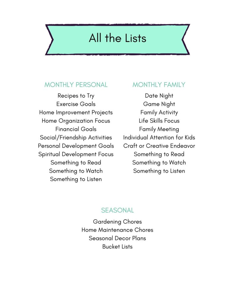 Monthly lists to update each year for new year planning.