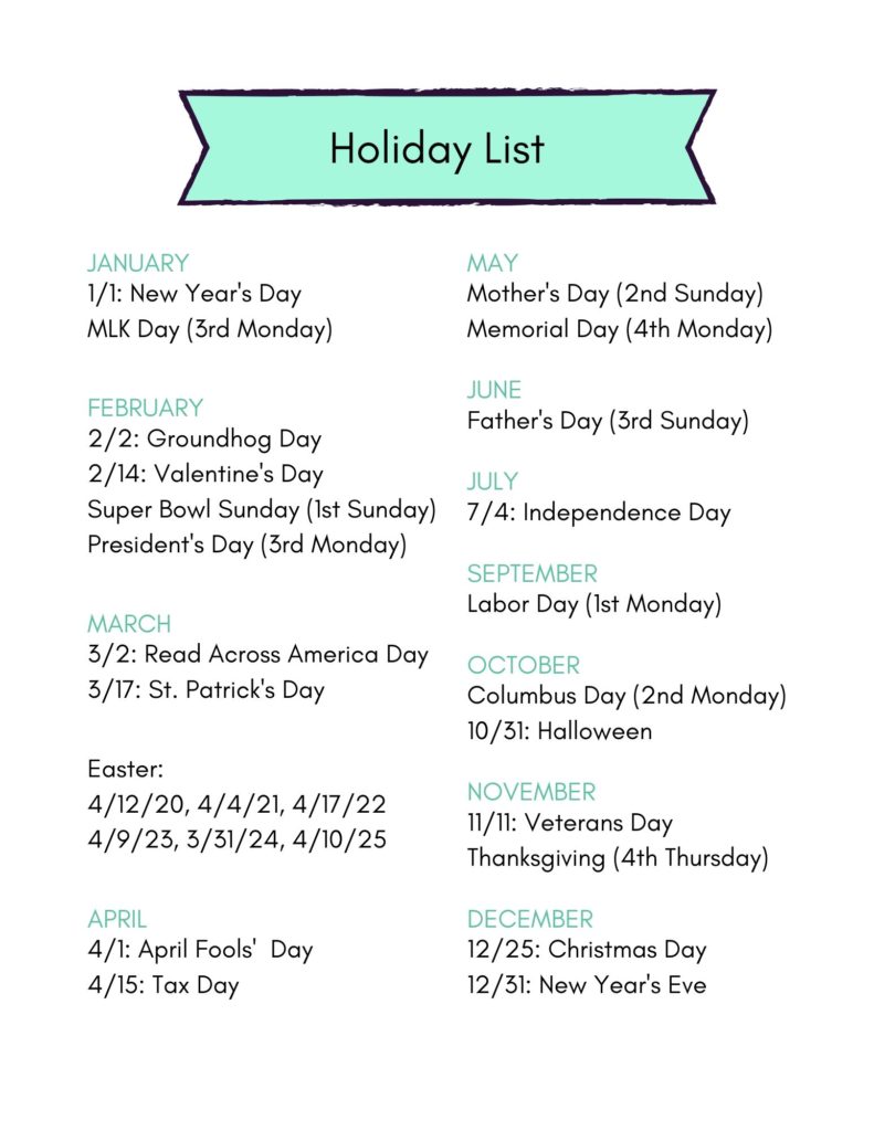 Holiday list to use in planning your year