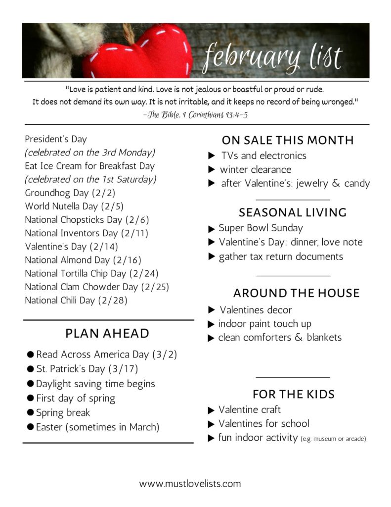 February List - one page plan for February