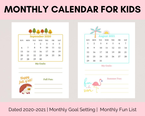 Monthly calendar for kids