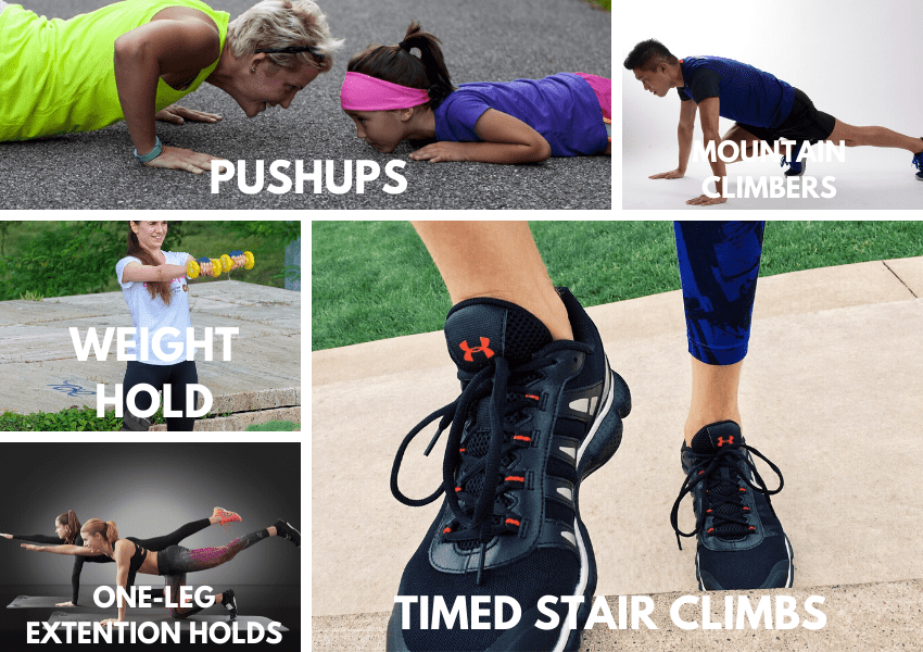 Exercise examples for family olympics. Pushups, mountain climbers, stair climbs, extensions holds.
