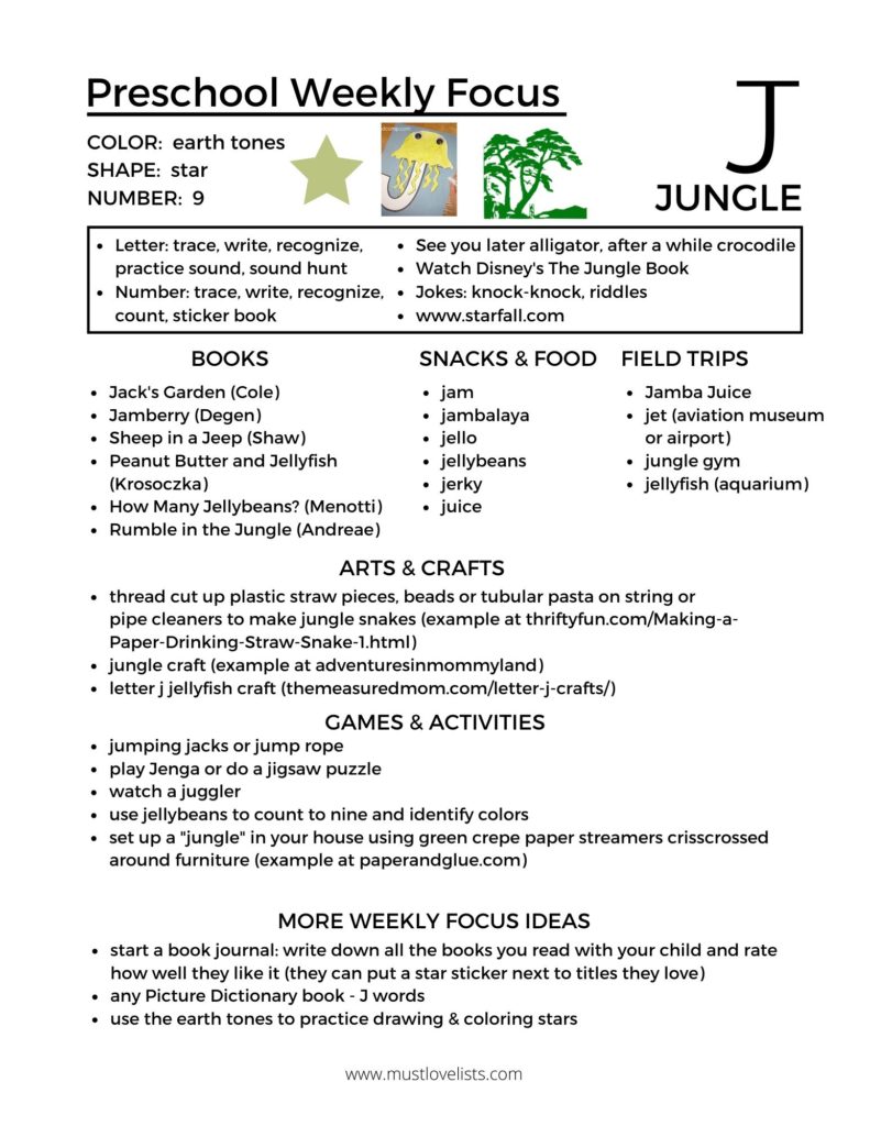 J is for Jungle letter of the week preschool plan