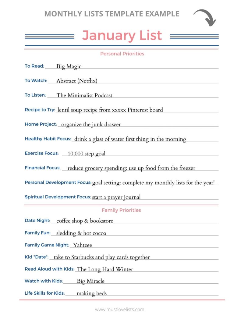 Monthly lists planning template from Must Love Lists