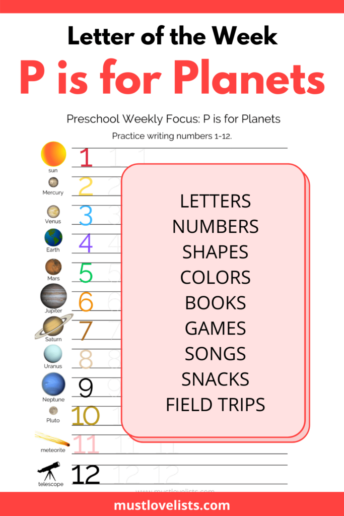 Letter of the week preschool plan, P is for planets.
