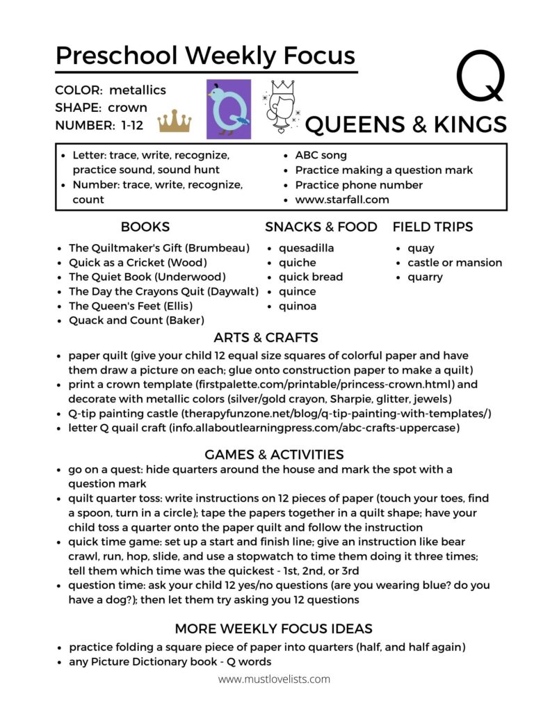 Letter of the week preschool Q is for Queens printable.
