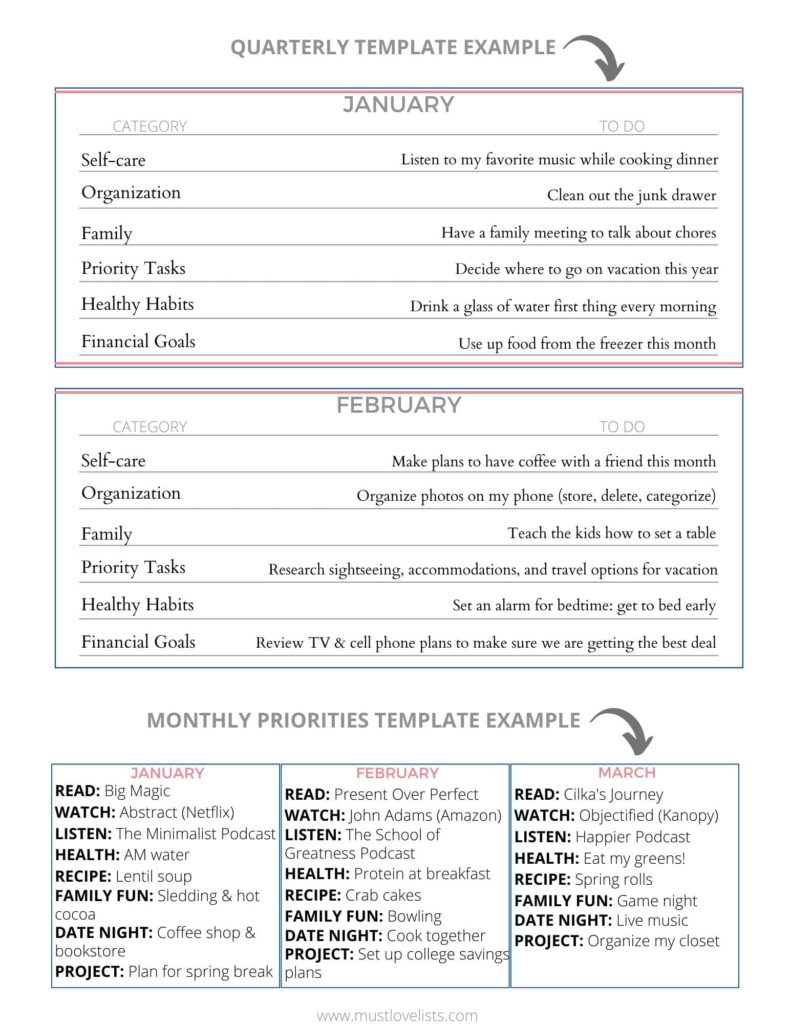 Monthly lists planning template from Must Love Lists