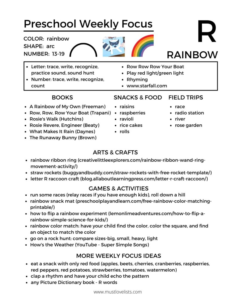 Letter of the week preschool plan: R is for rainbow