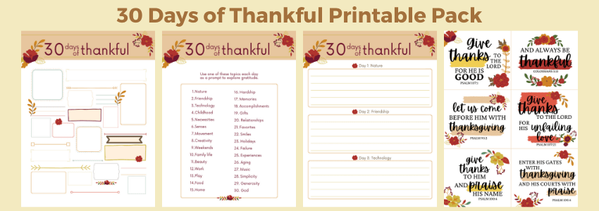 Gratitude prompt printable bundle from Etsy.  Words to prompt gratitude with printable journaling pages, plus beautiful thanksgiving scripture cards.