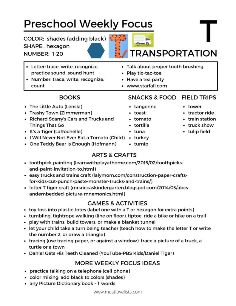 Weekly focus ideas for T is for transportation.  Preschool letter of the week suggestions for letter T.