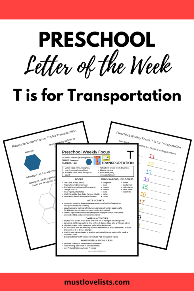 T is for transportation worksheets and weekly plan