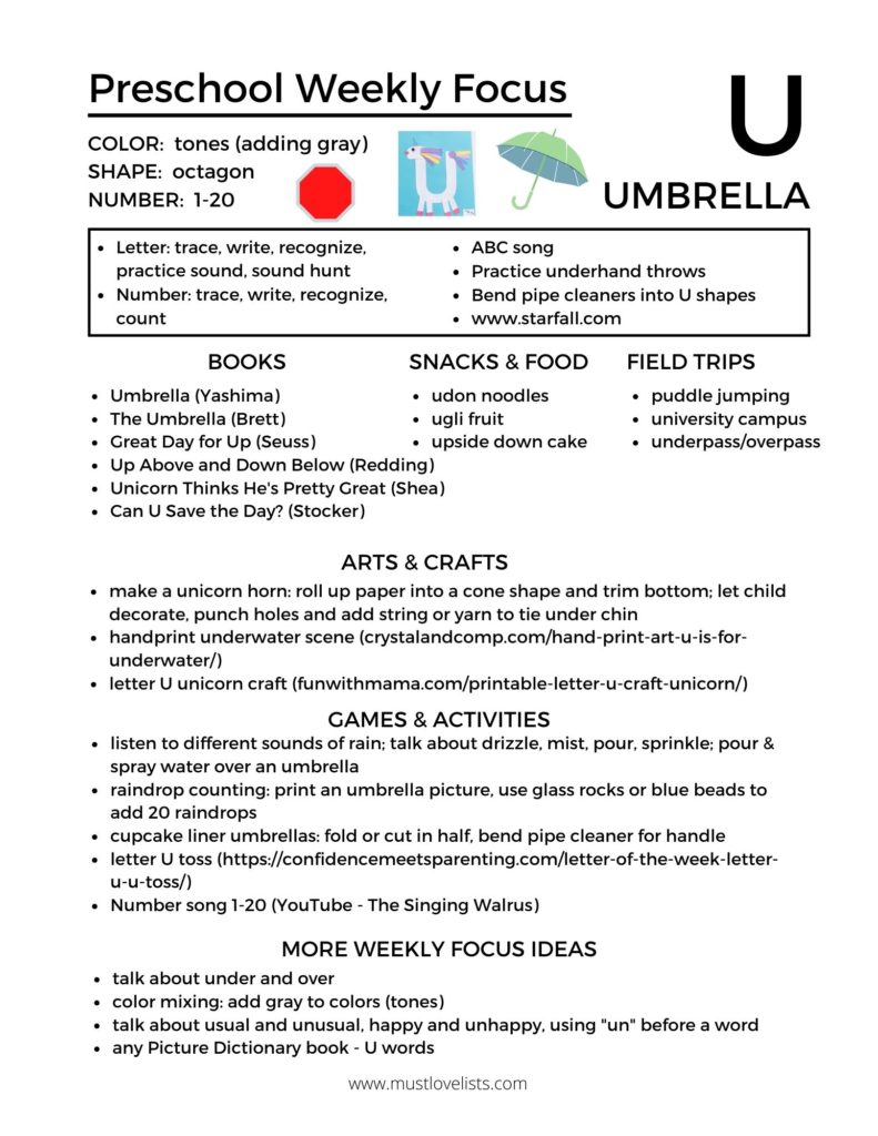U is for Umbrella weekly preschool plan information