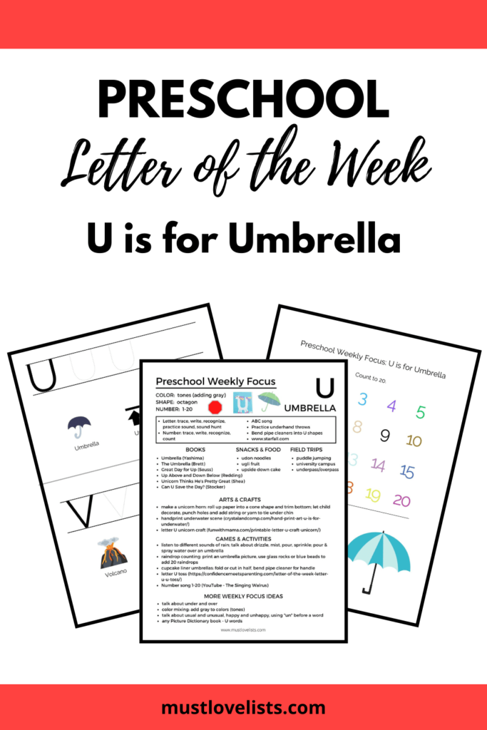 U is for Umbrella worksheets