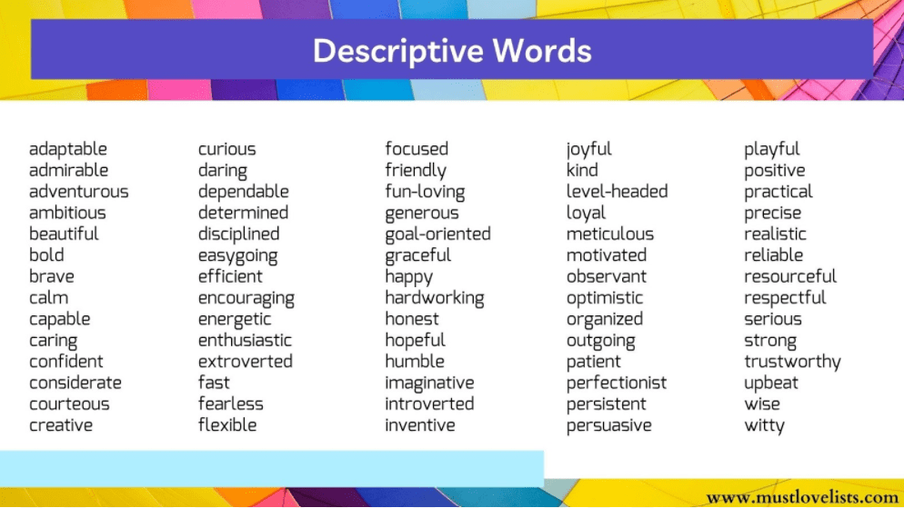 Google slide with list of words to describe personality