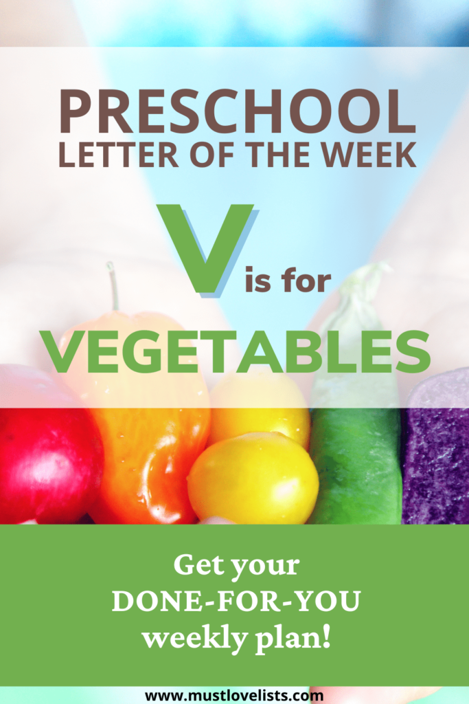 Preschool letter of the week: V is for Vegetables image of peppers, yellow tomatoes, snap peas