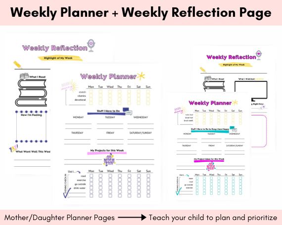 Weekly planner page and weekly reflection page