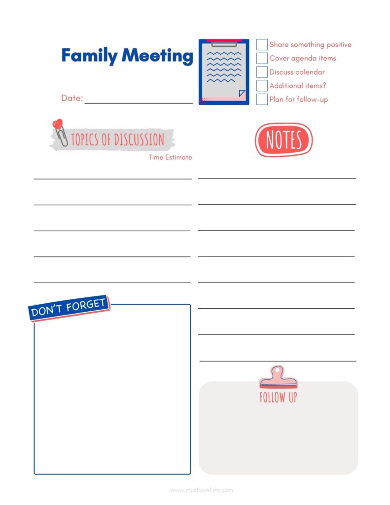 Family Meeting Agenda Ideas (Free Printable Template) - Must Love Throughout Family Meeting Agenda Template