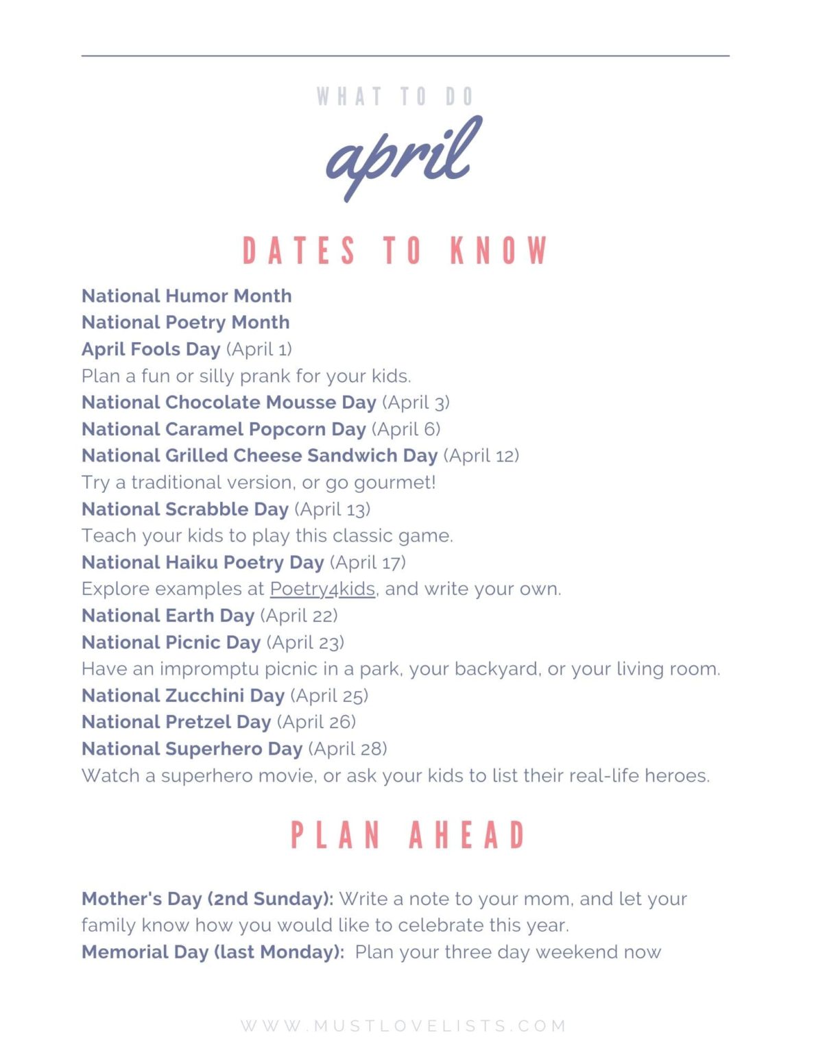 What to Do in April - Must Love Lists