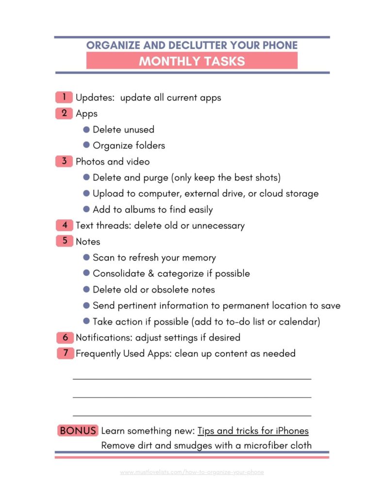 Monthly tasks organize your phone