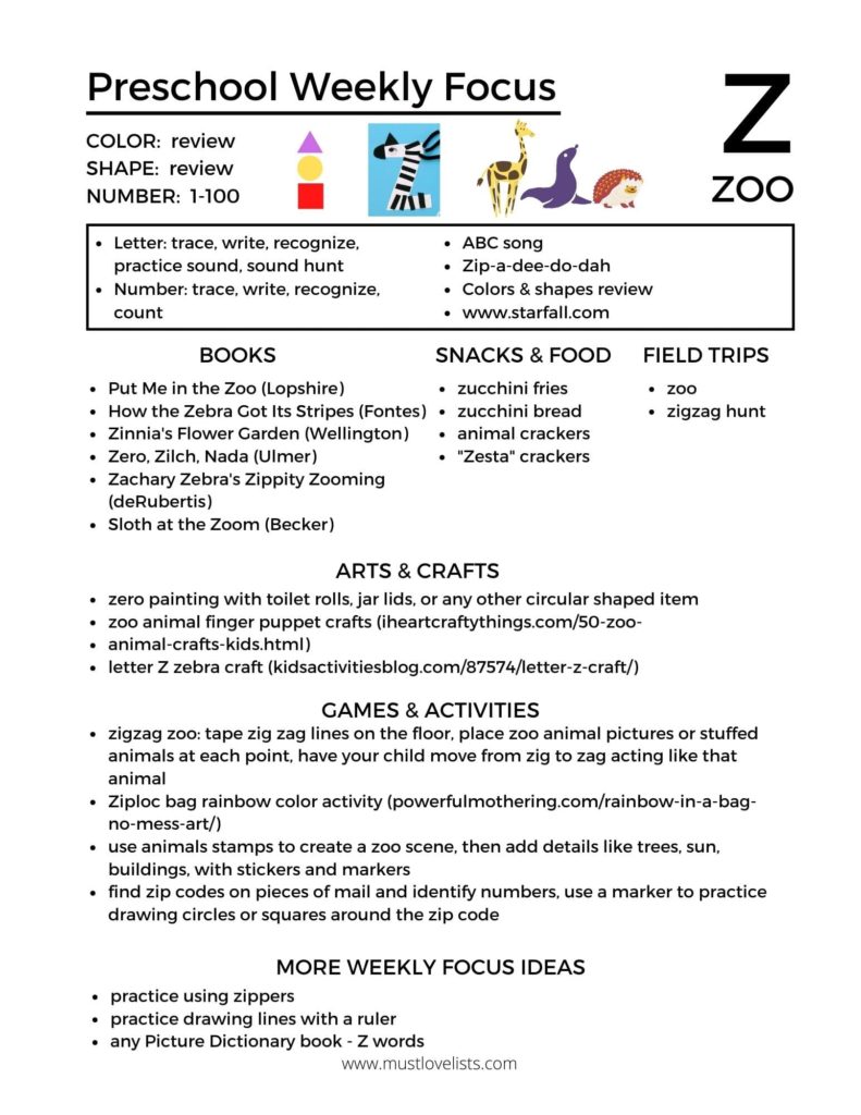Z is for Zoo preschool theme plan