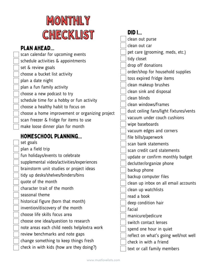 Monthly checklist for homeschool planning and household planning