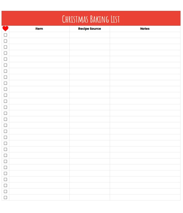 Christmas baking list spreadsheet