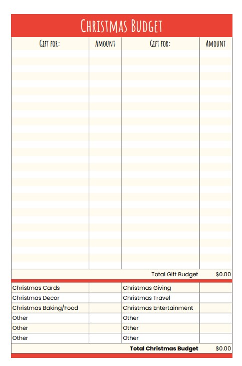 Christmas budget spreadsheet