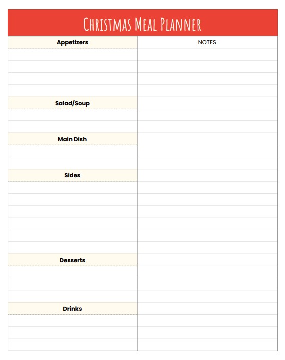 Christmas meal planner spreadsheet