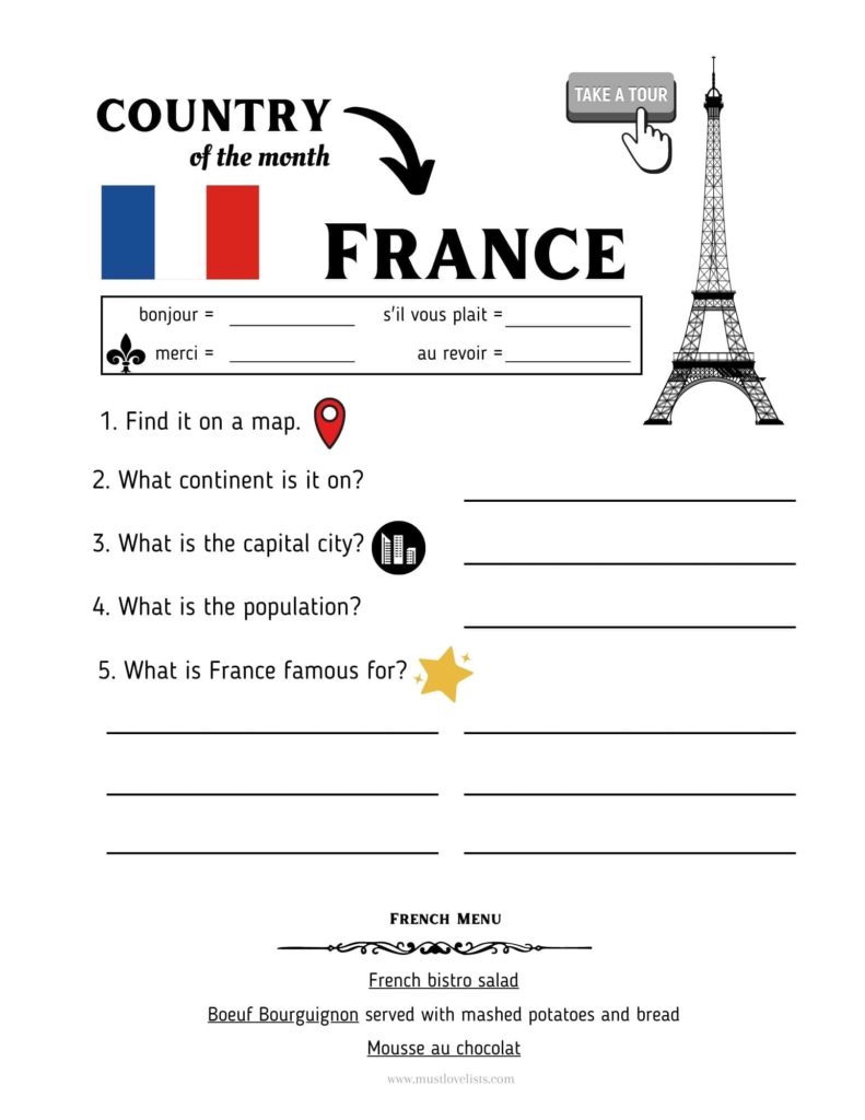 France mini-unit study worksheet