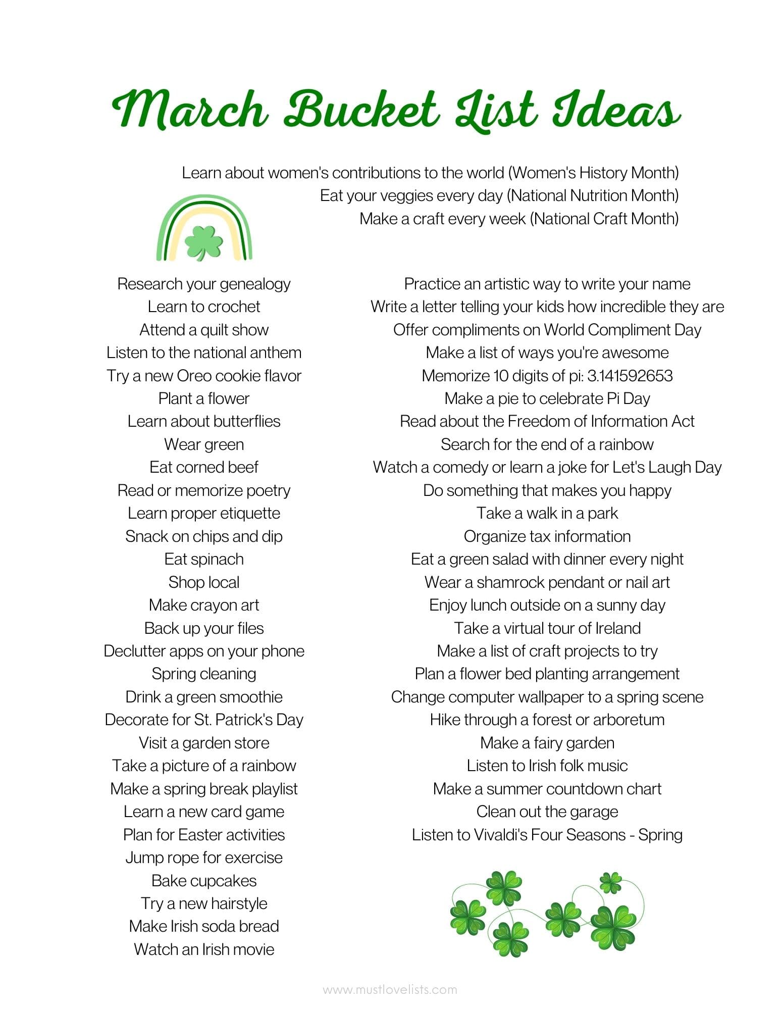 March bucket list ideas