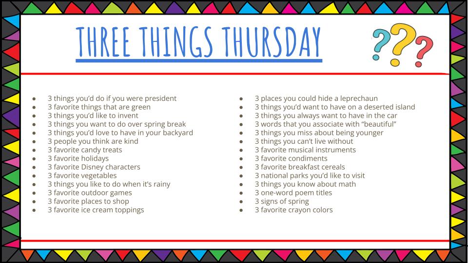 Three Things Thursday March prompts