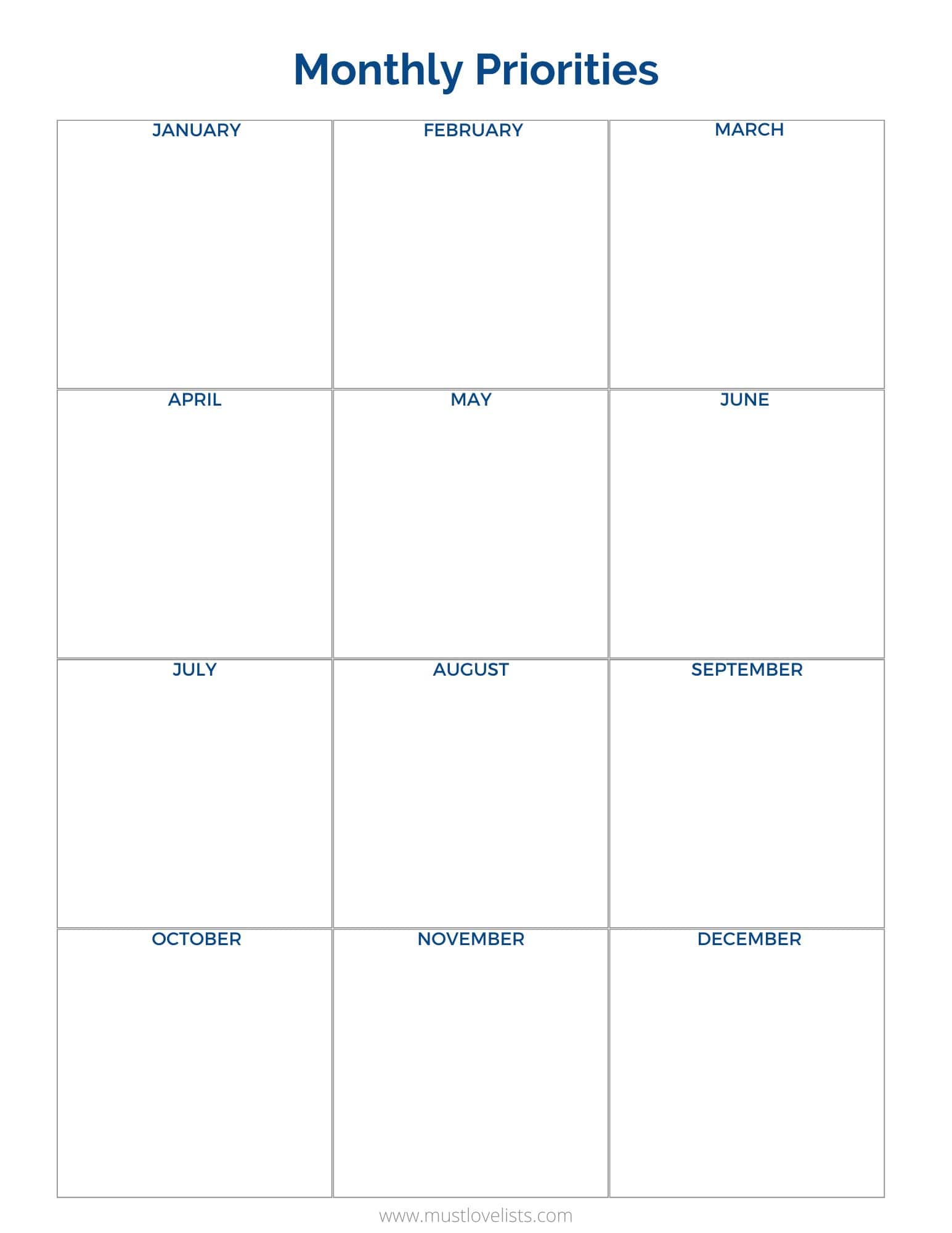 monthly priorities: blank boxes to list priorities for each month of the year