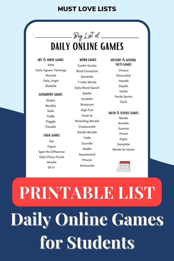 50 Daily Online Games for Students (FREE PRINTABLE LIST) - Must