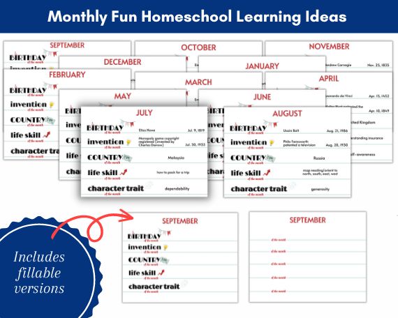 monthly fun learning ideas for homeschool