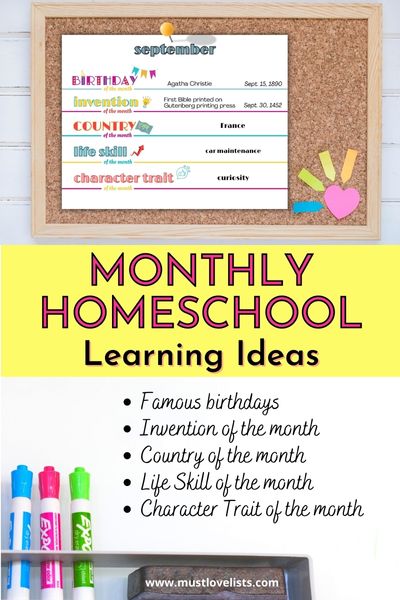 monthly homeschool learning ideas