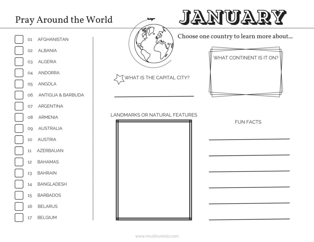 pray for countries of the world January calendar