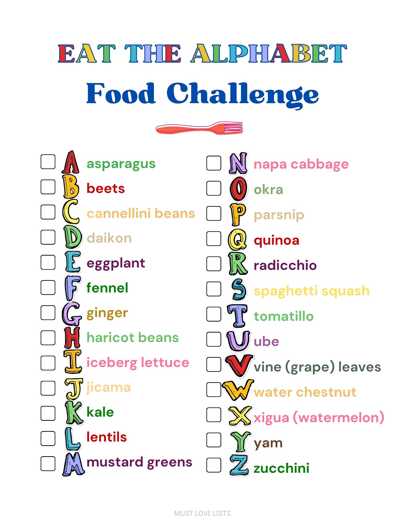 healthy food alphabet checklist