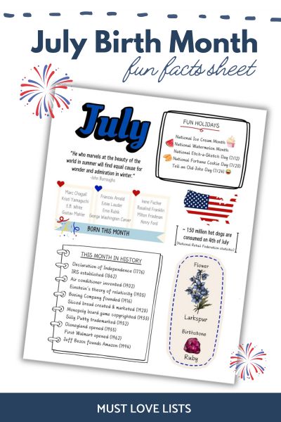 July birth month fun facts sheet