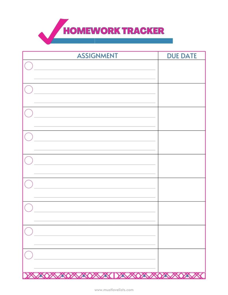 simple homework tracker page