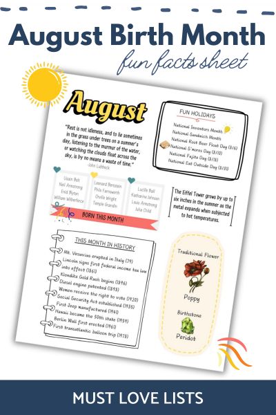 August Birth Month Fun Facts Sheet (Free Printable) - Must Love Lists