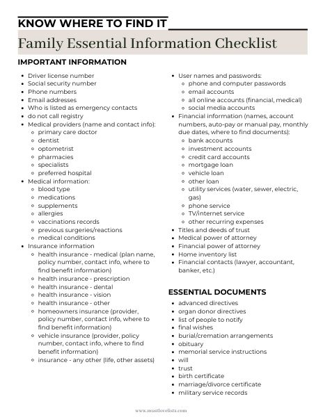 family essential information checklist