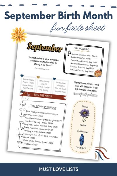 September birth  month fun facts sheet