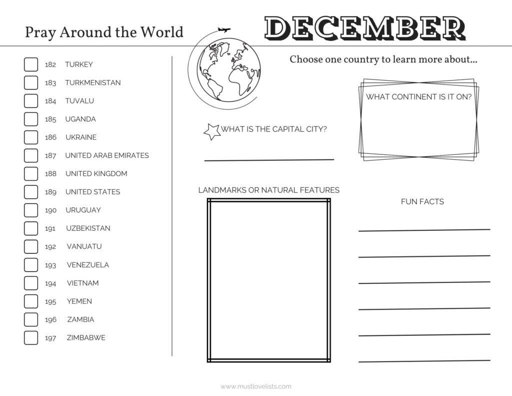 countries of the world prayer list for December