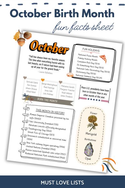 October birth month fun facts sheet printable