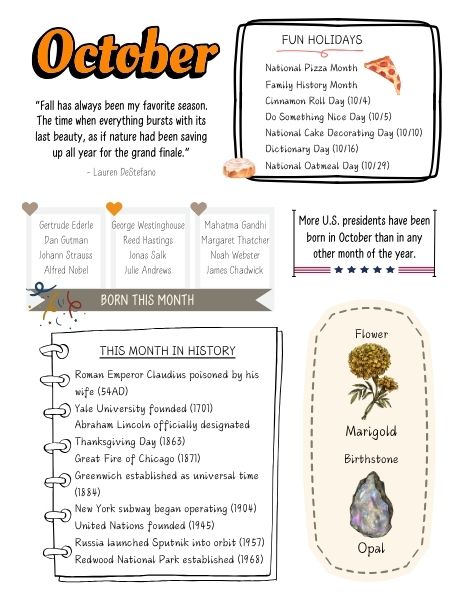 October birth month fun facts sheet