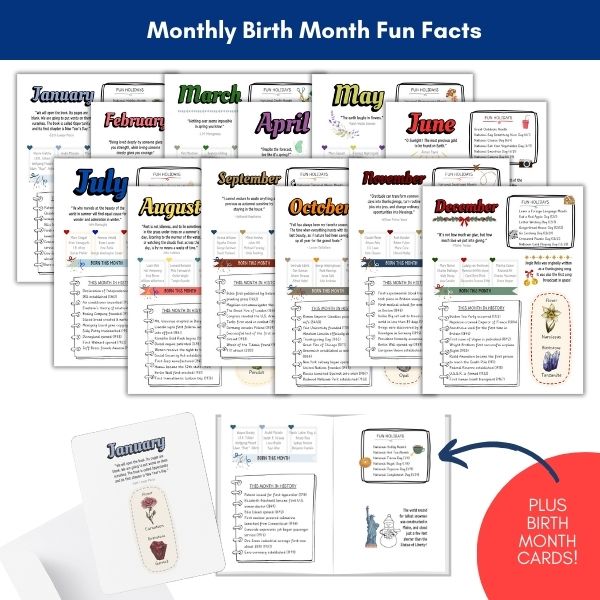 monthly birth month fun facts sheets