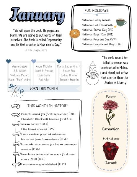 January fun facts sheet