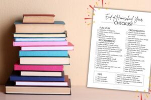 end of year homeschool checklist and stack of books